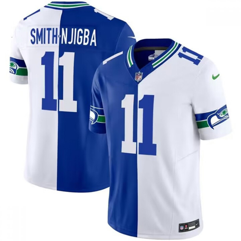 Men’s Seattle Seahawks #11 Jaxon Smith-Njigba Royal/White Split 2023 F.U.S.E. Throwback Vapor Limited Stitched Football Jersey