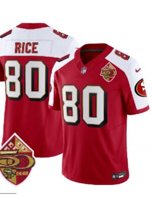 Men's San Francisco 49ers #80 Jerry Rice Red/White 2023 F.U.S.E. 50th Patch Throwback Stitched Football Jersey