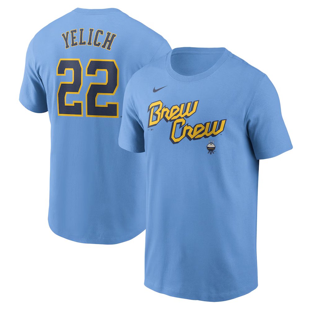 Men’s Milwaukee Brewers #22 Christian Yelich Nike Powder Blue City Connect Fuse Name & Number T-Shirt