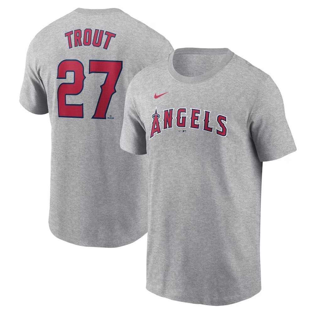 Men’s Los Angeles Angels #27 Mike Trout Nike Gray Fuse Name & Number T-Shirt