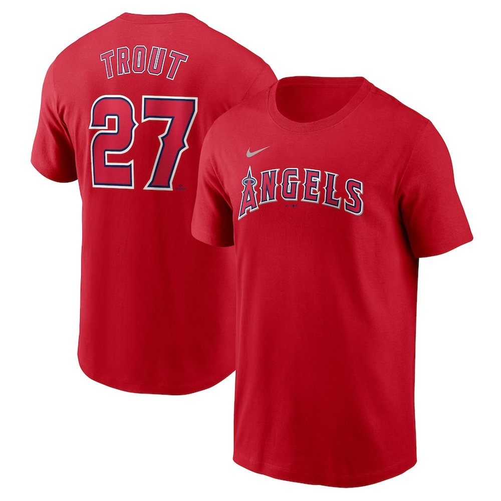 Men’s Los Angeles Angels #27 Mike Trout Nike Red Fuse Name & Number T-Shirt