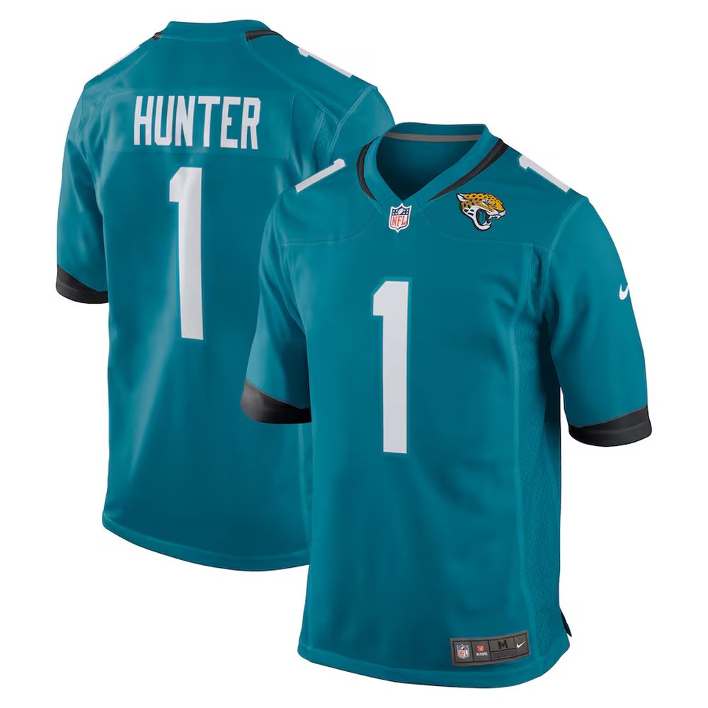 Men’s Jacksonville Jaguars #1 Travis Hunter Nike Teal 2025 NFL Draft First Round Pick Game Jersey