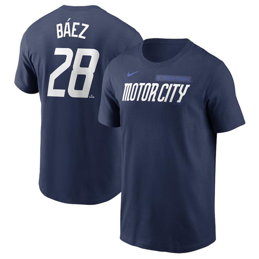 Men’s Detroit Tigers #28 Javier Baez Navy 2024 City Connect Fuse Name & Number T-Shirt
