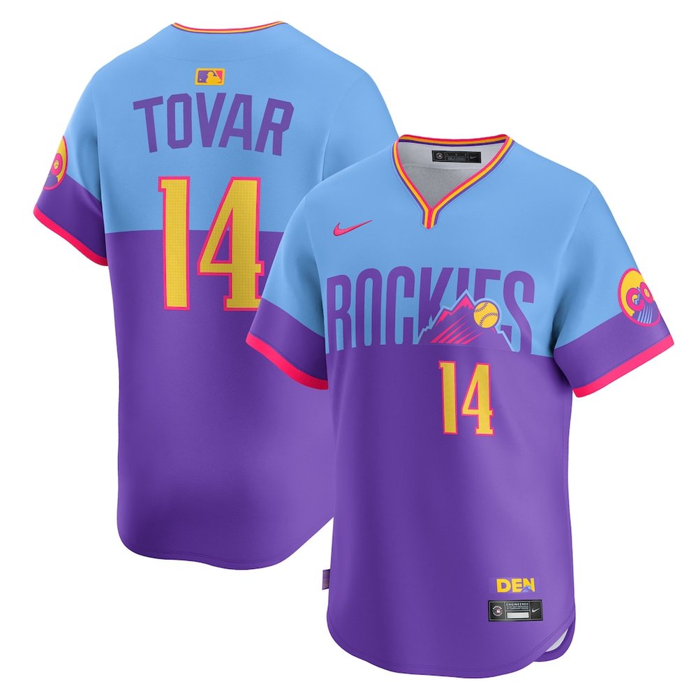 Men’s Colorado Rockies #14 Ezequiel Tovar Nike Purple/Light Blue 2025 City Connect Elite Player Jersey