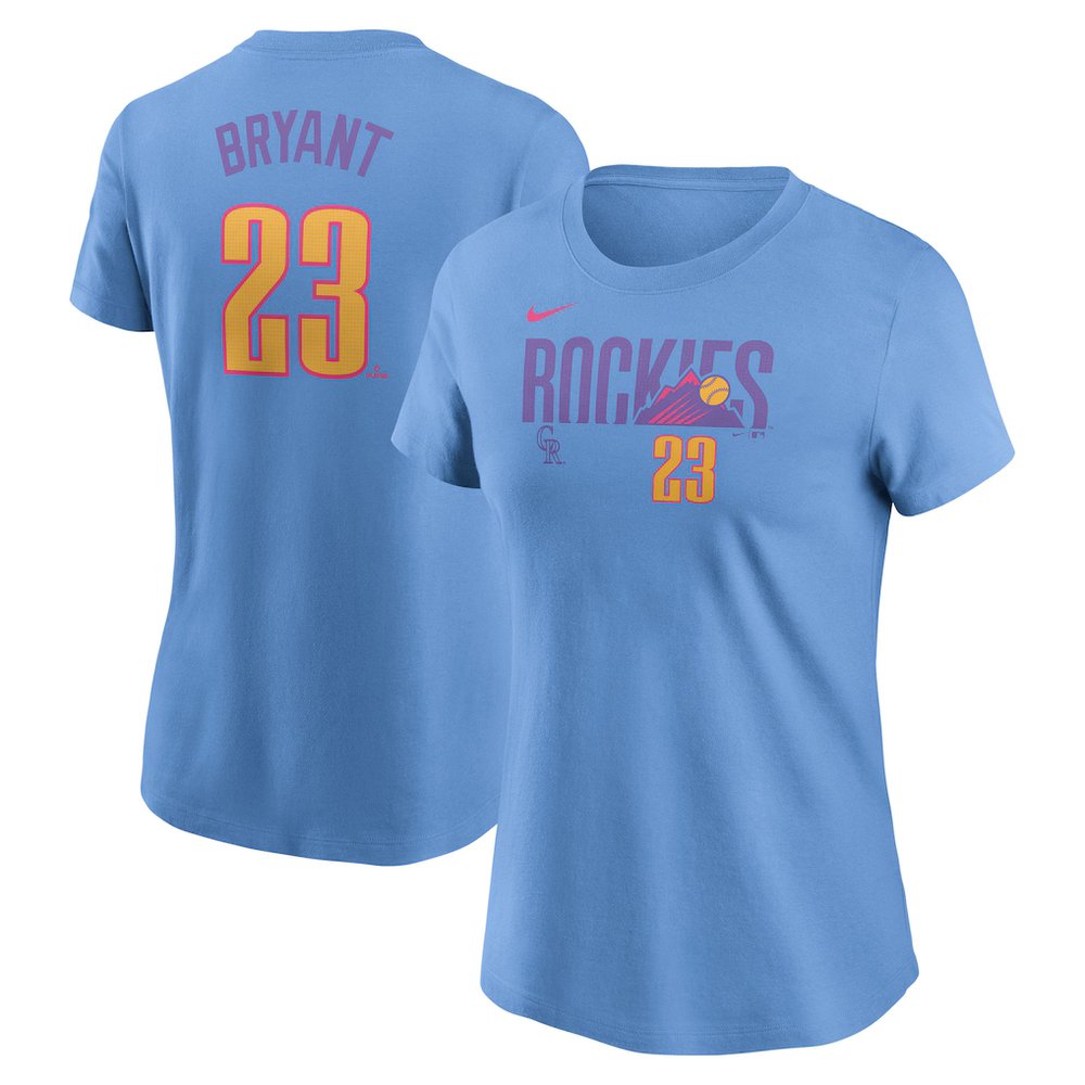 Women’s Colorado Rockies #23 Kris Bryant Nike Light Blue 2025 City Connect Fuse Name & Number T-Shirt