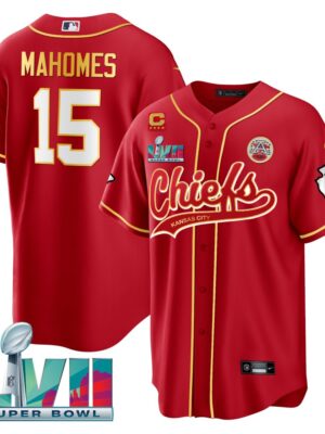 Men's Kansas City Chiefs #15 Patrick Mahomes Red With 4-star C Patch And Super Bowl LVII Patch Cool Bae Stitched Baseball Jersey