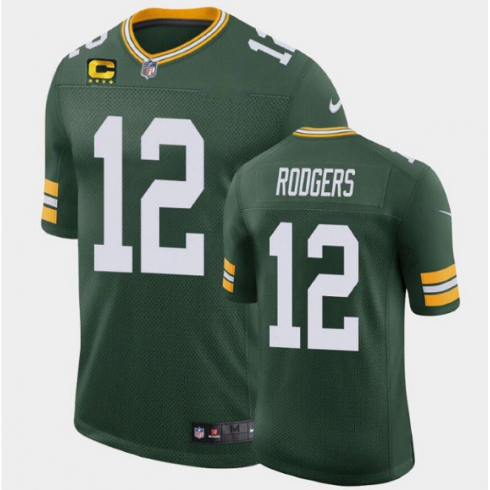 Men’s Green Bay Packers #12 Aaron Rodgers Green with C Patch Classic Stitched Football Jersey
