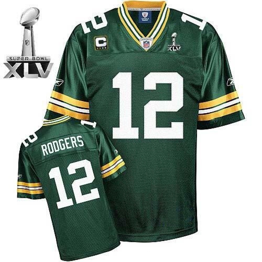 Men’s Green Bay Packers #12 Aaron Rodgers Green With Super Bowl XLV And C Patch Stitched Football Jersey