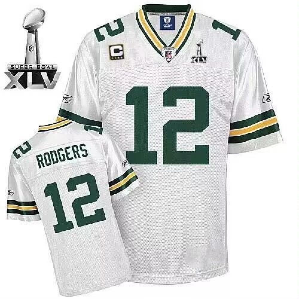 Men’s Green Bay Packers #12 Aaron Rodgers White With Super Bowl XLV And C Patch Stitched Football Jersey