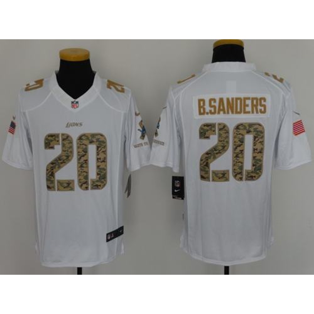 Lions #20 Barry Sanders White Men’s Stitched NFL Limited Salute to Service Jersey