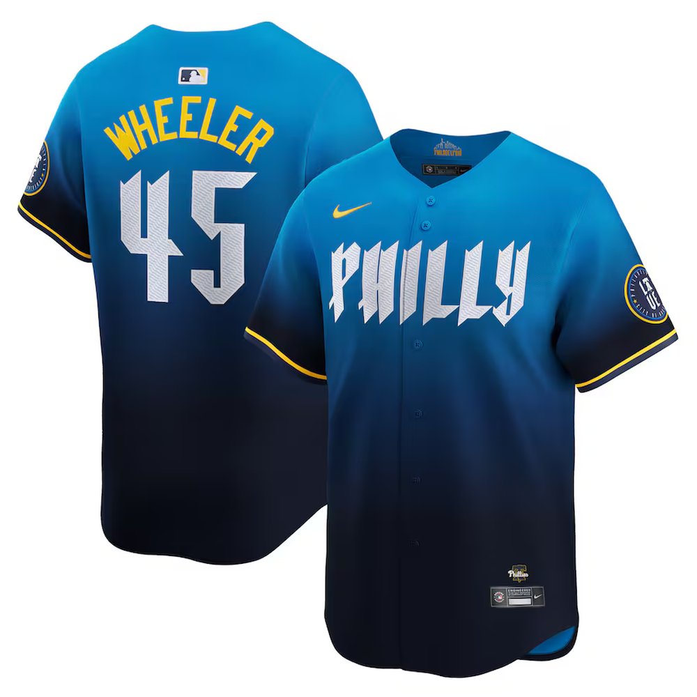 Men’s Philadelphia Phillies #45 Zack Wheeler Nike Blue 2024 City Connect Limited Player Jersey