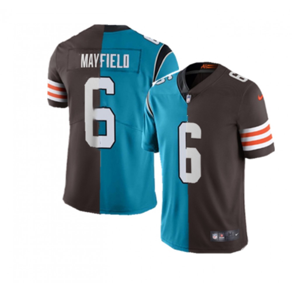 Men’s Carolina Panthers & Cleveland Browns #6 Baker Mayfield Splite Blue&Brown Vapor Untouchable Limited Stitched Jersey