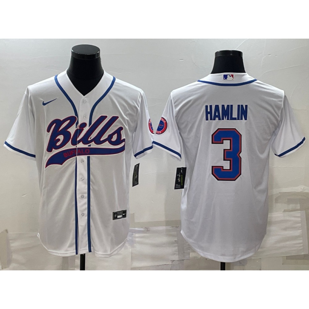 Men’s Buffalo Bills #3 Damar Hamlin White With Patch Cool Base Stitched Baseball Jersey
