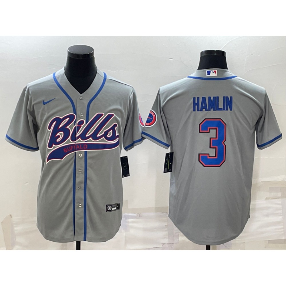 Men’s Buffalo Bills #3 Damar Hamlin Gray With Patch Cool Base Stitched Baseball Jersey