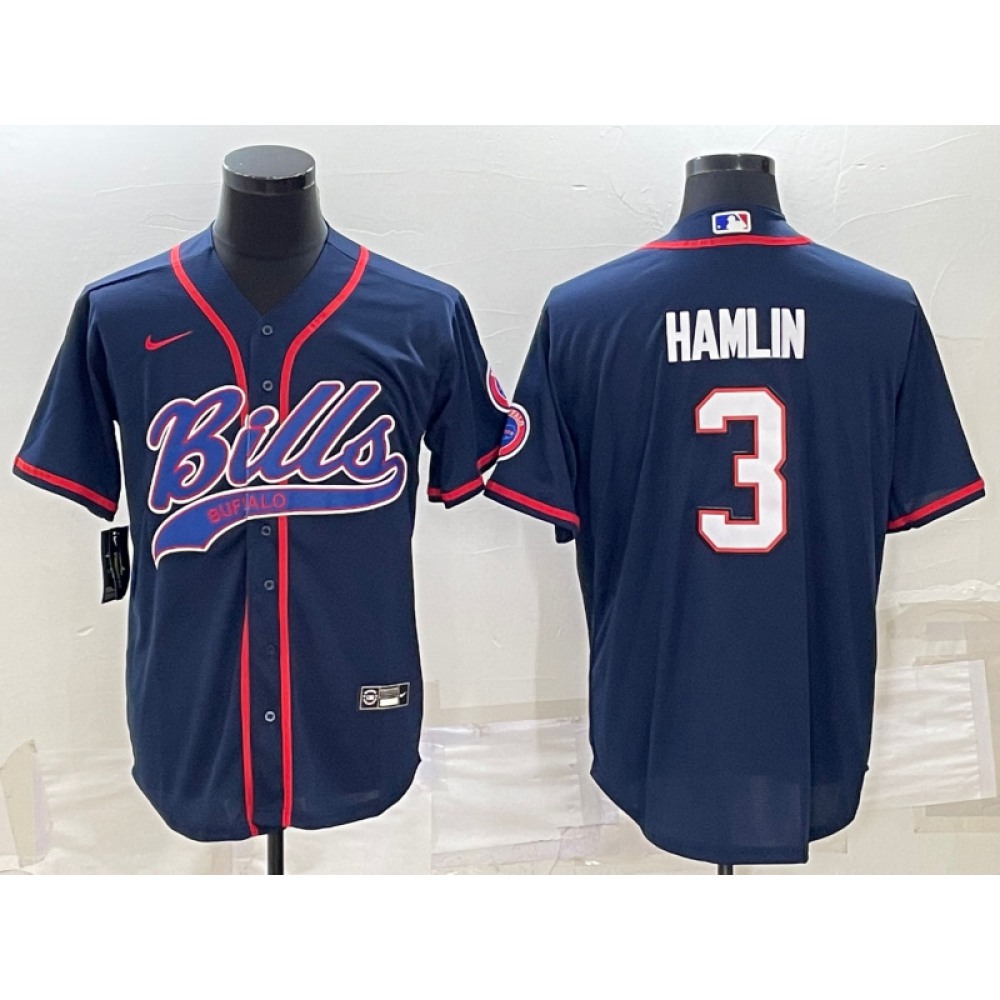 Men’s Buffalo Bills #3 Damar Hamlin Navy With Patch Cool Base Stitched Baseball Jersey