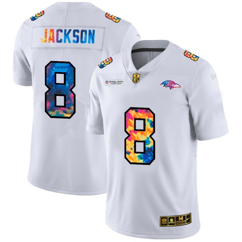 Men’s Baltimore Ravens #8 Lamar Jackson 2020 White Crucial Catch Limited Stitched Jersey