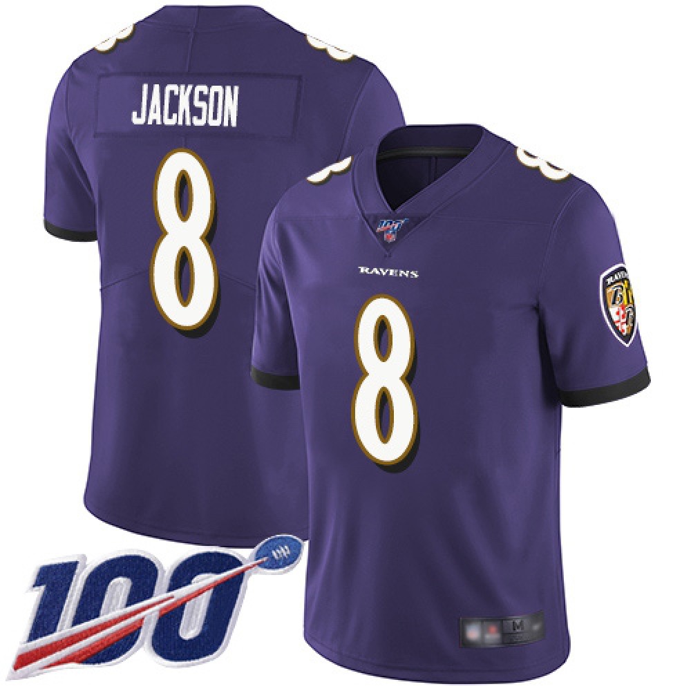 Men’s Baltimore Ravens #8 Lamar Jackson Purple 2019 100th Season Vapor Untouchable Limited NFL Jersey