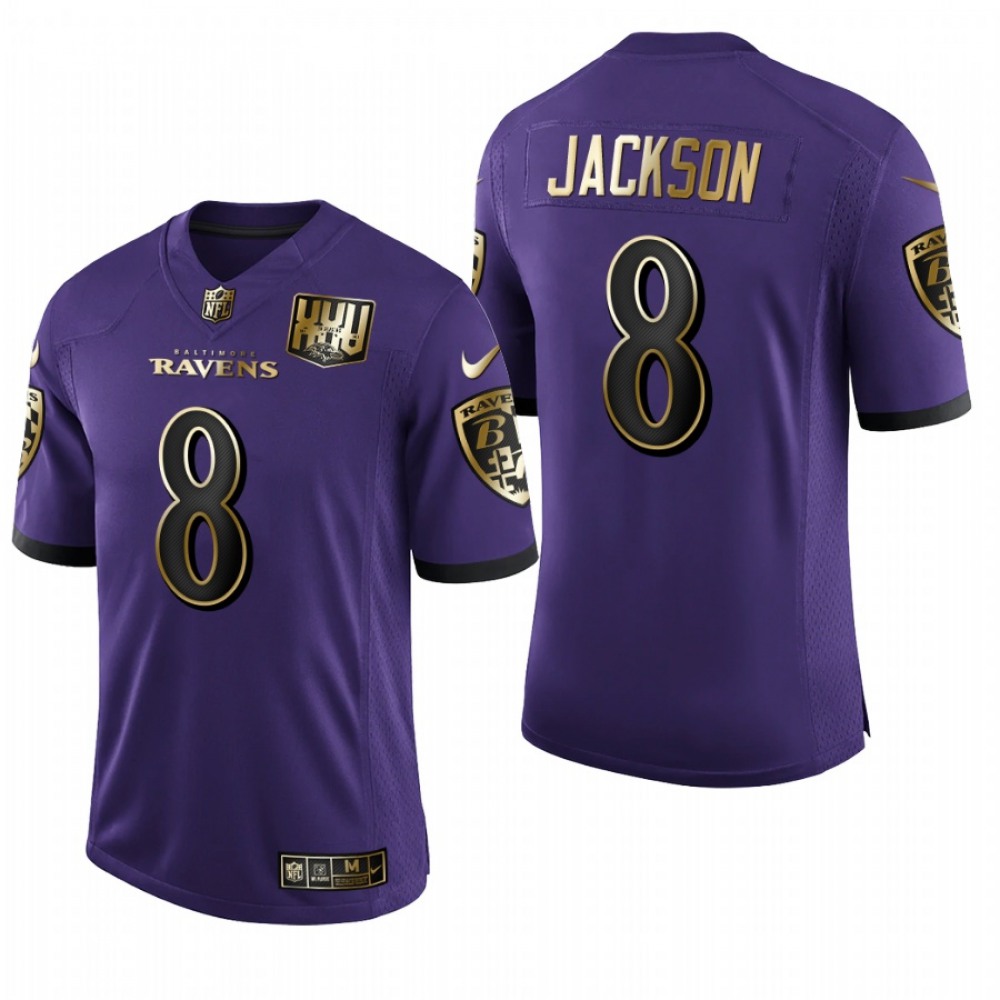 Men’s Baltimore Ravens #8 Lamar Jackson Purple 2020 Golden Limited Stitched Jersey
