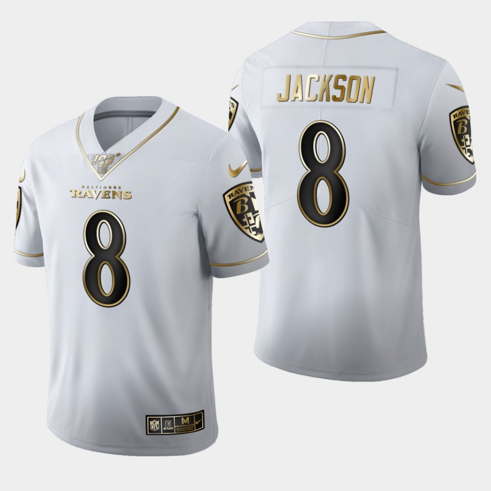 Men’s Baltimore Ravens #8 Lamar Jackson White 2019 100th Season Golden Edition Limited Stitched NFL Jersey