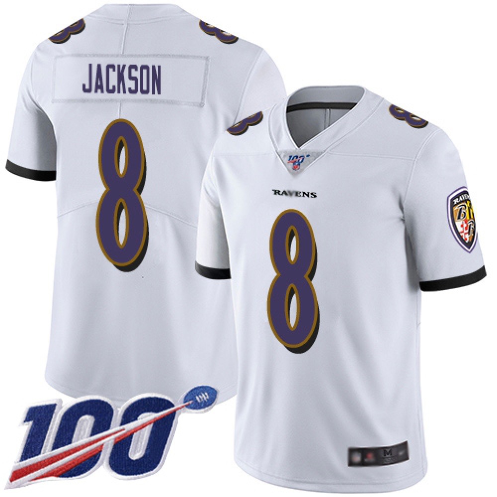 Men’s Baltimore Ravens #8 Lamar Jackson White 2019 100th Season Vapor Untouchable Limited NFL Jersey