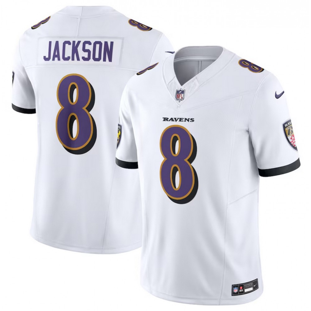 Men’s Baltimore Ravens #8 Lamar Jackson White 2023 F.U.S.E Vapor Jersey