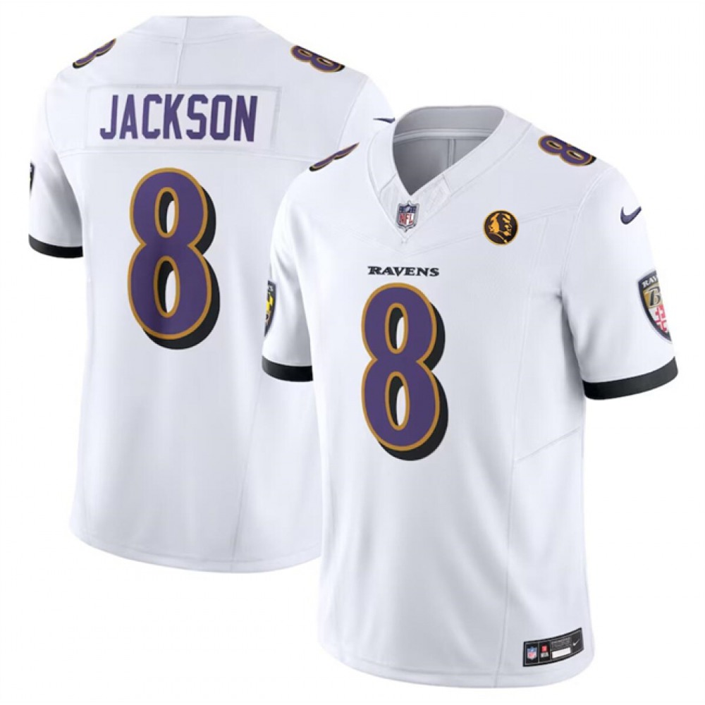 Men’s Baltimore Ravens #8 Lamar Jackson White 2023 F.U.S.E. With John Madden Patch Vapor Limited Football Jersey
