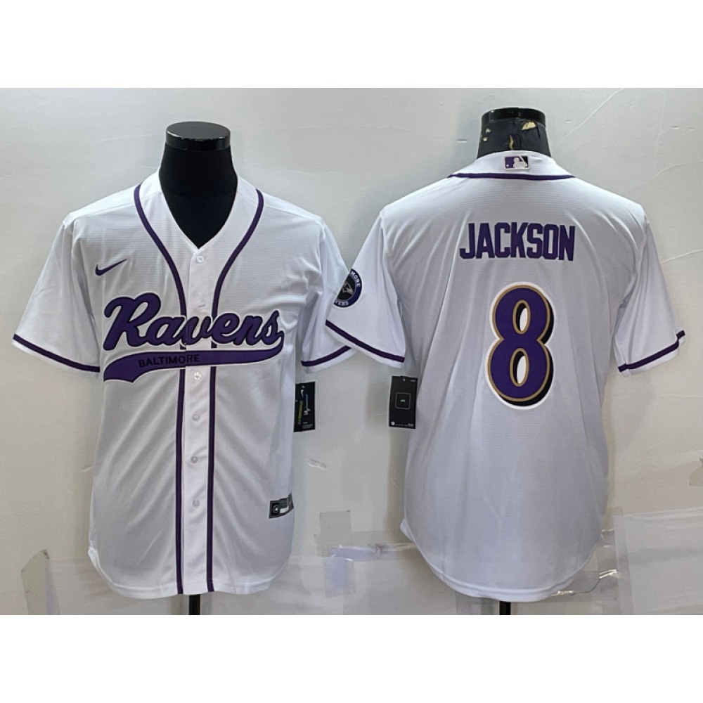 Men’s Baltimore Ravens #8 Lamar Jackson White With Patch Cool Base Stitched Baseball Jersey