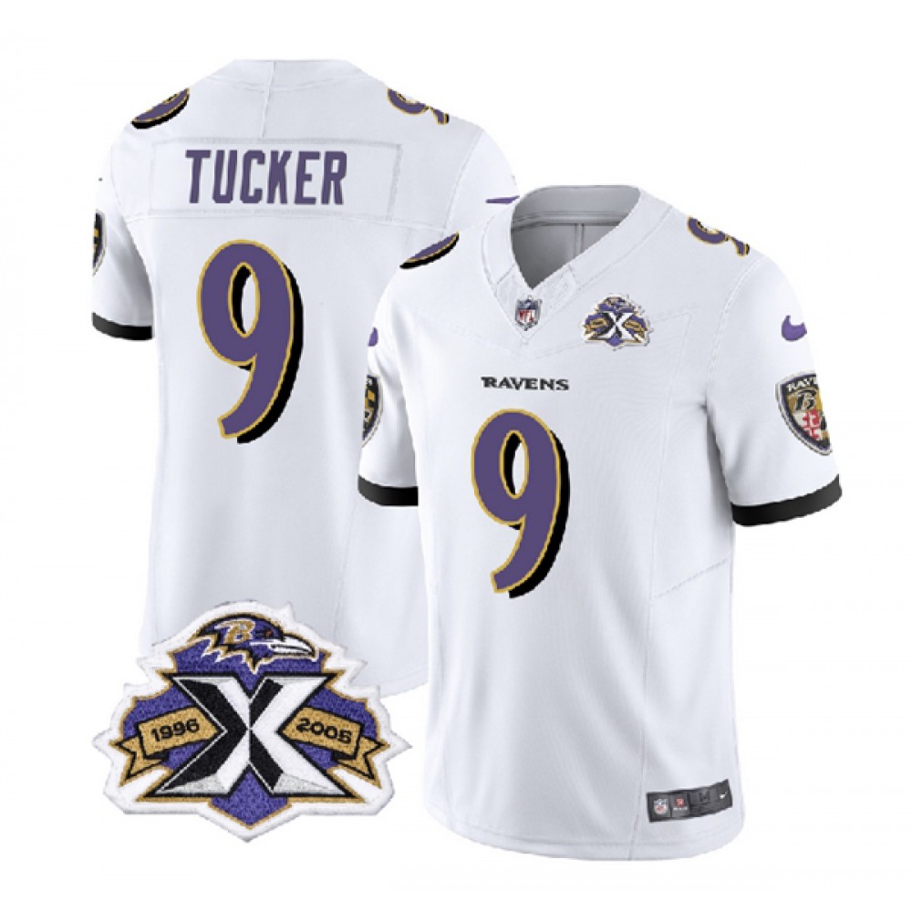 Men’s Baltimore Ravens #9 Justin Tucker White 2023 F.U.S.E With Patch Throwback Vapor Limited Jersey
