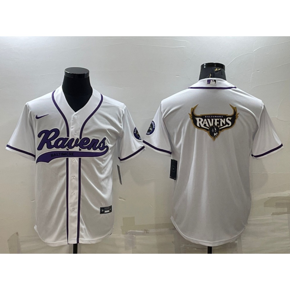 Men’s Baltimore Ravens White Team Big Logo With Patch Cool Base Stitched Baseball Jersey