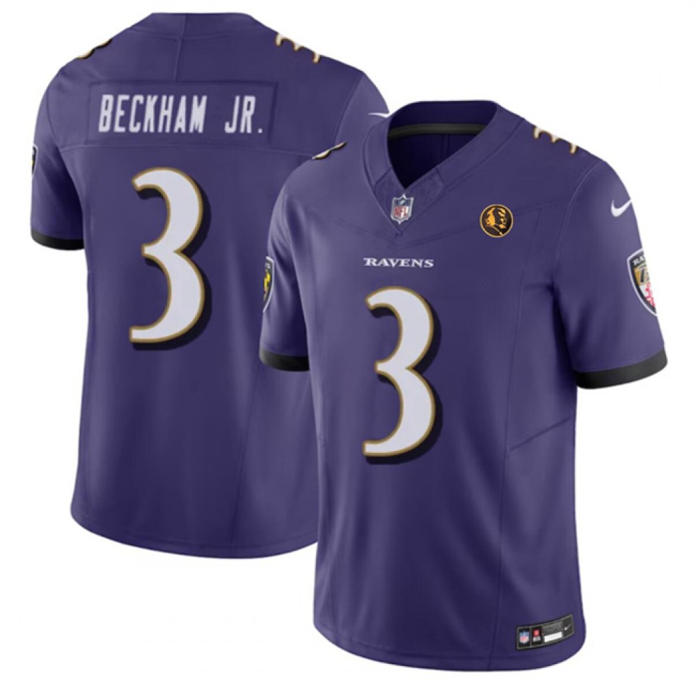 Men’s Baltimore Ravens #3 Odell Beckham Jr. Purple 2023 F.U.S.E. With John Madden Patch Vapor Limited Football Jersey