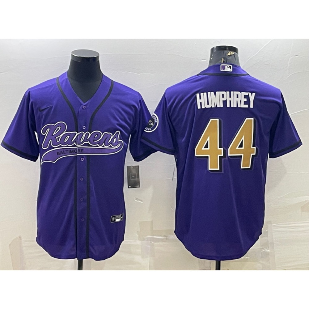 Men’s Baltimore Ravens #44 Marlon Humphrey Purple Gold With Patch Cool Base Stitched Baseball Jersey