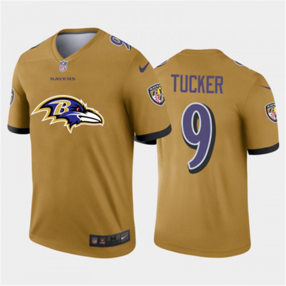 Men’s Baltimore Ravens #9 Justin Tucker Gold 2020 Team Big Logo Inverted Legend Stitched Jersey