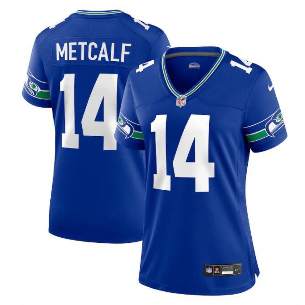 Women’s Seattle Seahawks #14 D.K. Metcalf Royal Throwback Player Stitched Game Jersey(Run Small)