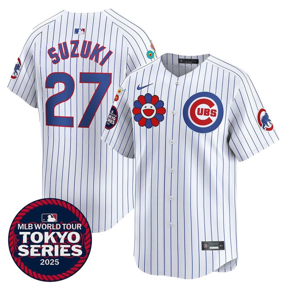 Men’s Chicago Cubs #27 Seiya Suzuki White Tokyo 2025 Cool Base Stitched Baseball Jersey