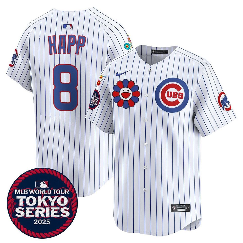Men’s Chicago Cubs #8 Ian Happ White Tokyo 2025 Cool Base Stitched Baseball Jersey