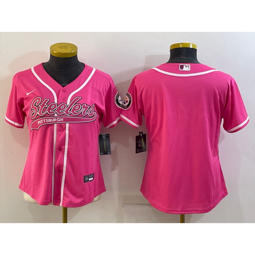 Women’s Pittsburgh Steelers Blank Pink With Patch Cool Base Stitched Baseball Jersey(Run Small)