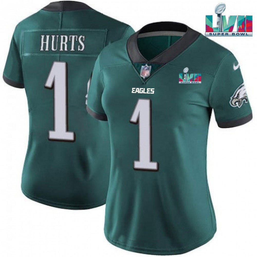 Women’s Philadelphia Eagles #1 Jalen Hurts Green Super Bolw LVII Patch Vapor Untouchable Limited Stitched Football Jersey(Run Small)
