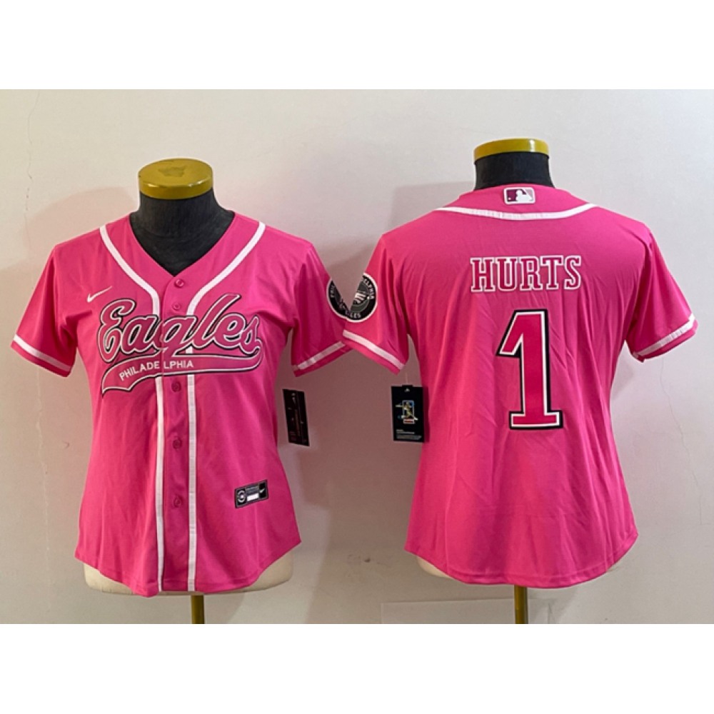 Women’s Philadelphia Eagles #1 Jalen Hurts Pink Cool Base Stitched Baseball Jersey(Run Small)