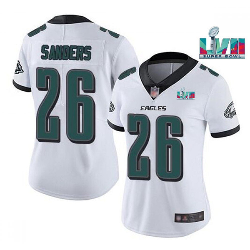 Women’s Philadelphia Eagles #26 Miles Sanders White Super Bolw LVII Patch Vapor Untouchable Limited Stitched Football Jersey(Run Small)