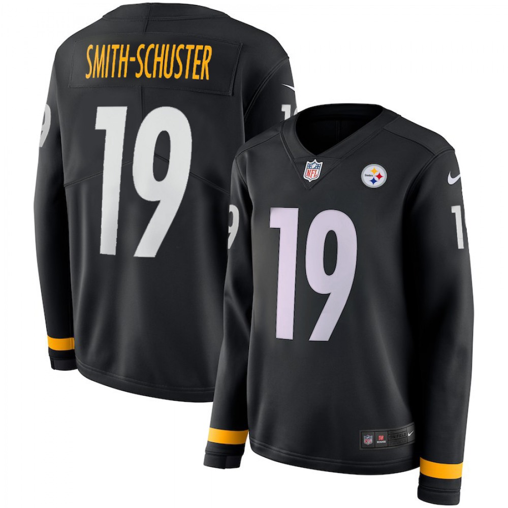 Women’s Pittsburgh Steelers #19 JuJu Smith-Schuster Black Therma Long Sleeve Stitched NFL Jersey