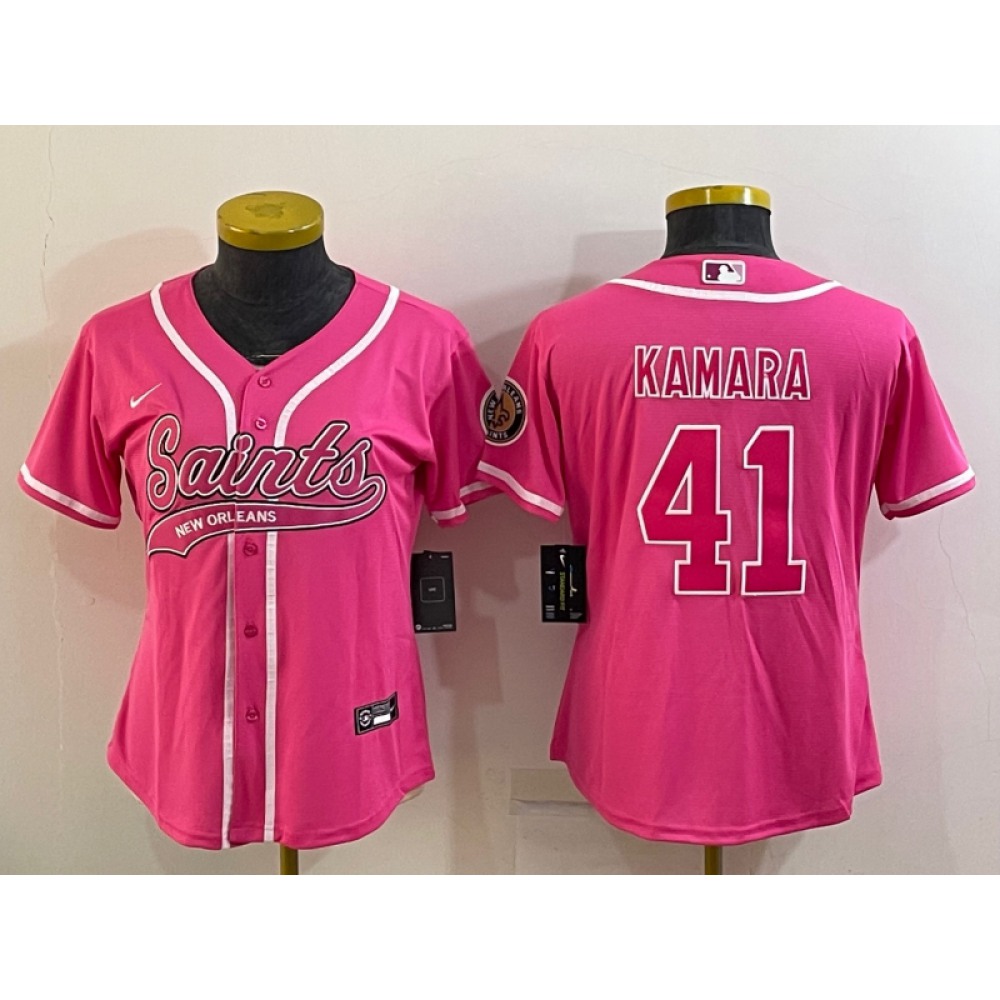 Women’s New Orleans Saints #41 Alvin Kamara Pink With Patch Cool Base Stitched Baseball Jersey(Run Small)