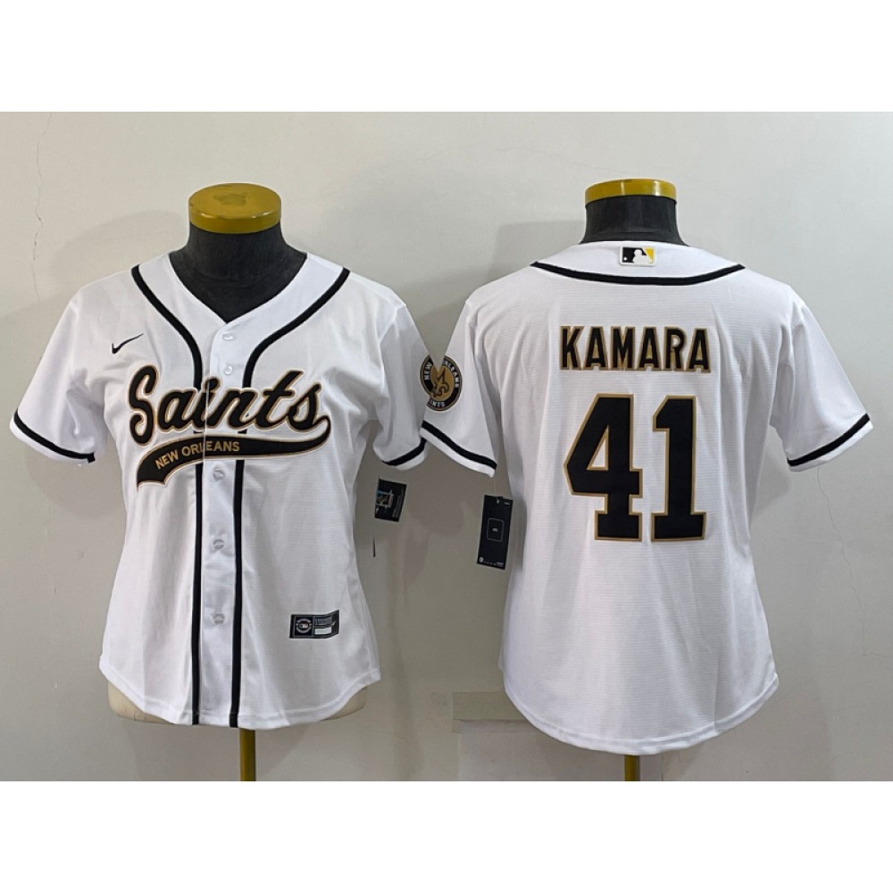Women’s New Orleans Saints #41 Alvin Kamara White With Patch Cool Base Stitched Baseball Jersey(Run Small)