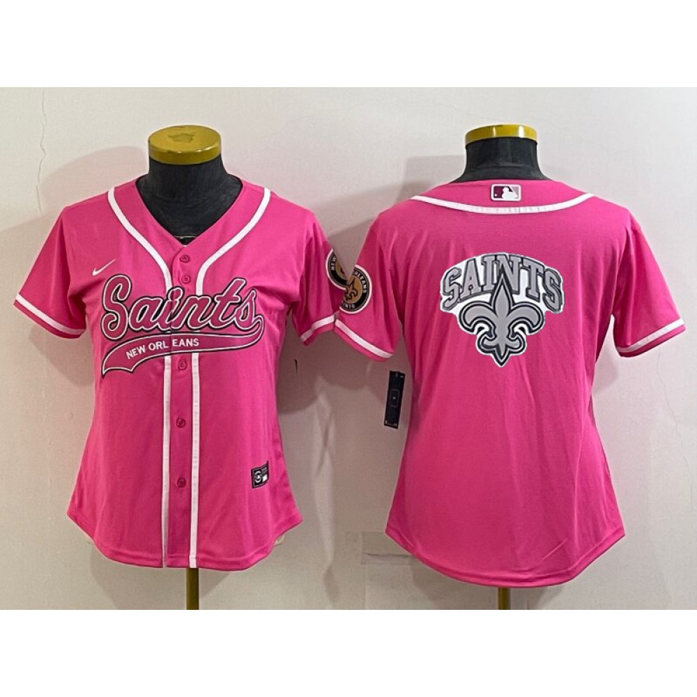 Women’s New Orleans Saints Pink Team Big Logo With Patch Cool Base Stitched Baseball Jersey(Run Small)