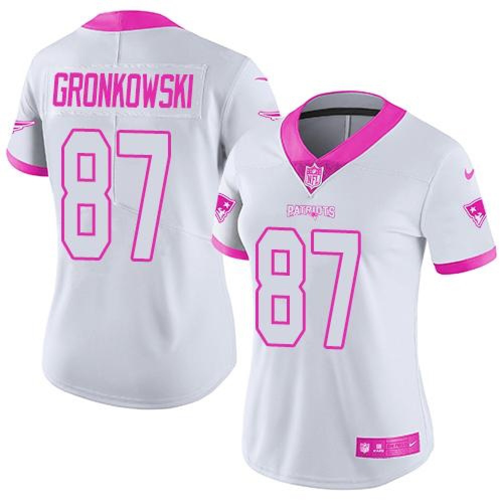 Patriots #87 Rob Gronkowski White/Pink Women’s Stitched NFL Limited Rush Fashion Jersey
