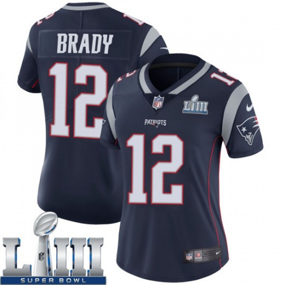 Women’s New England Patriots #12 Tom Brady Navy Blue Super Bowl LIII Vapor Untouchable Limited Stitched NFL Jersey ( run small )