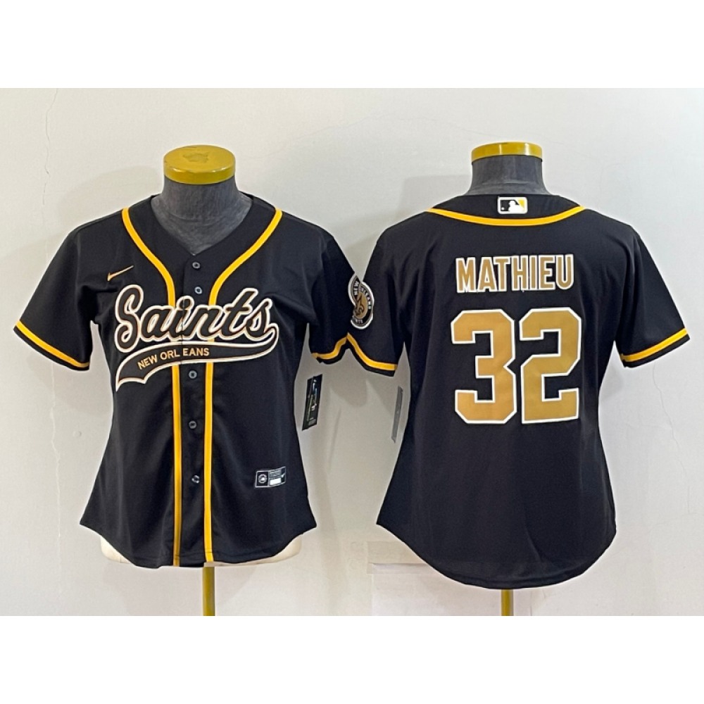 Women’s New Orleans Saints #32 Tyrann Mathieu Black With Patch Cool Base Stitched Baseball Jersey(Run Small)
