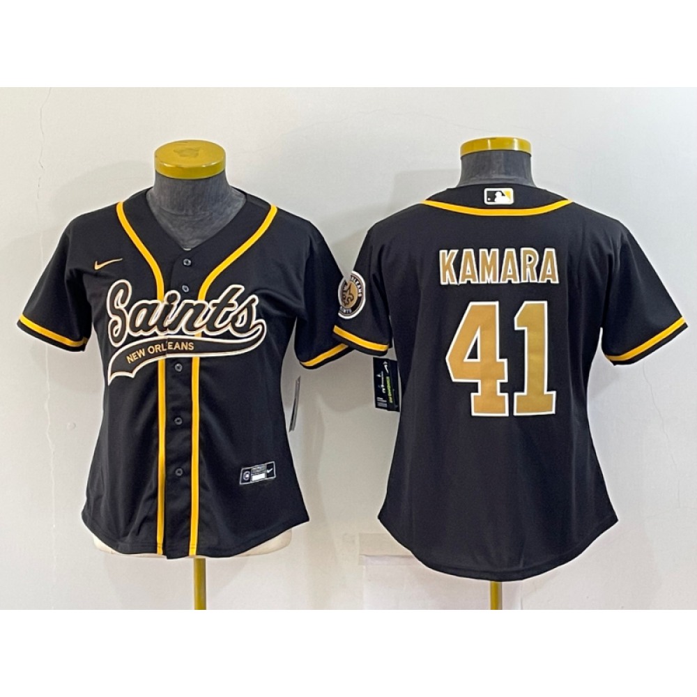 Women’s New Orleans Saints #41 Alvin Kamara Black With Patch Cool Base Stitched Baseball Jersey(Run Small)