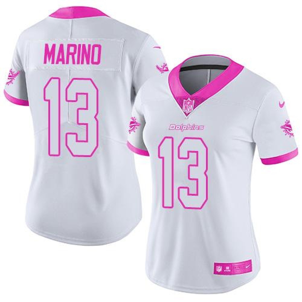 Dolphins #13 Dan Marino White/Pink Women’s Stitched NFL Limited Rush Fashion Jersey