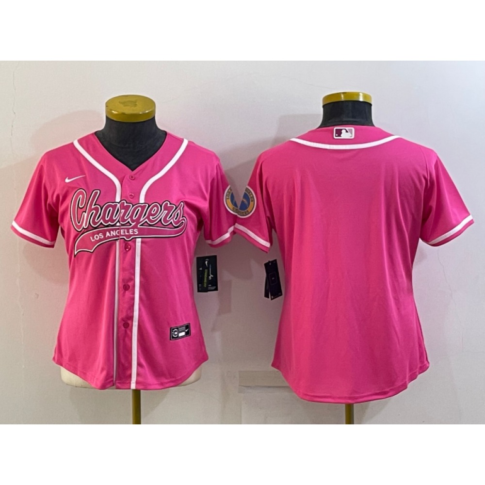 Women’s Los Angeles Chargers Blank Pink With Patch Cool Base Stitched Baseball Jersey(Run Small)