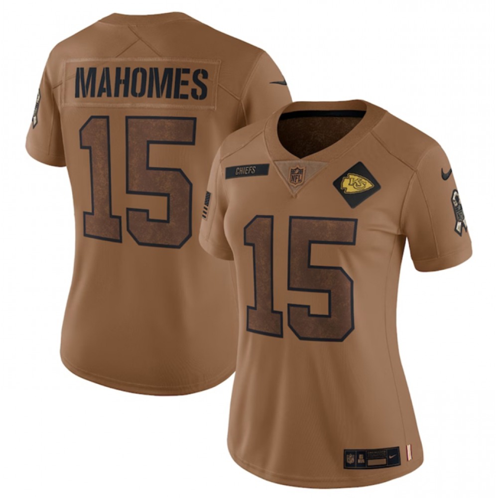 Women’s Kansas City Chiefs #15 Patrick Mahomes 2023 Brown Salute To Service Limited Stitched Jersey(Run Small)